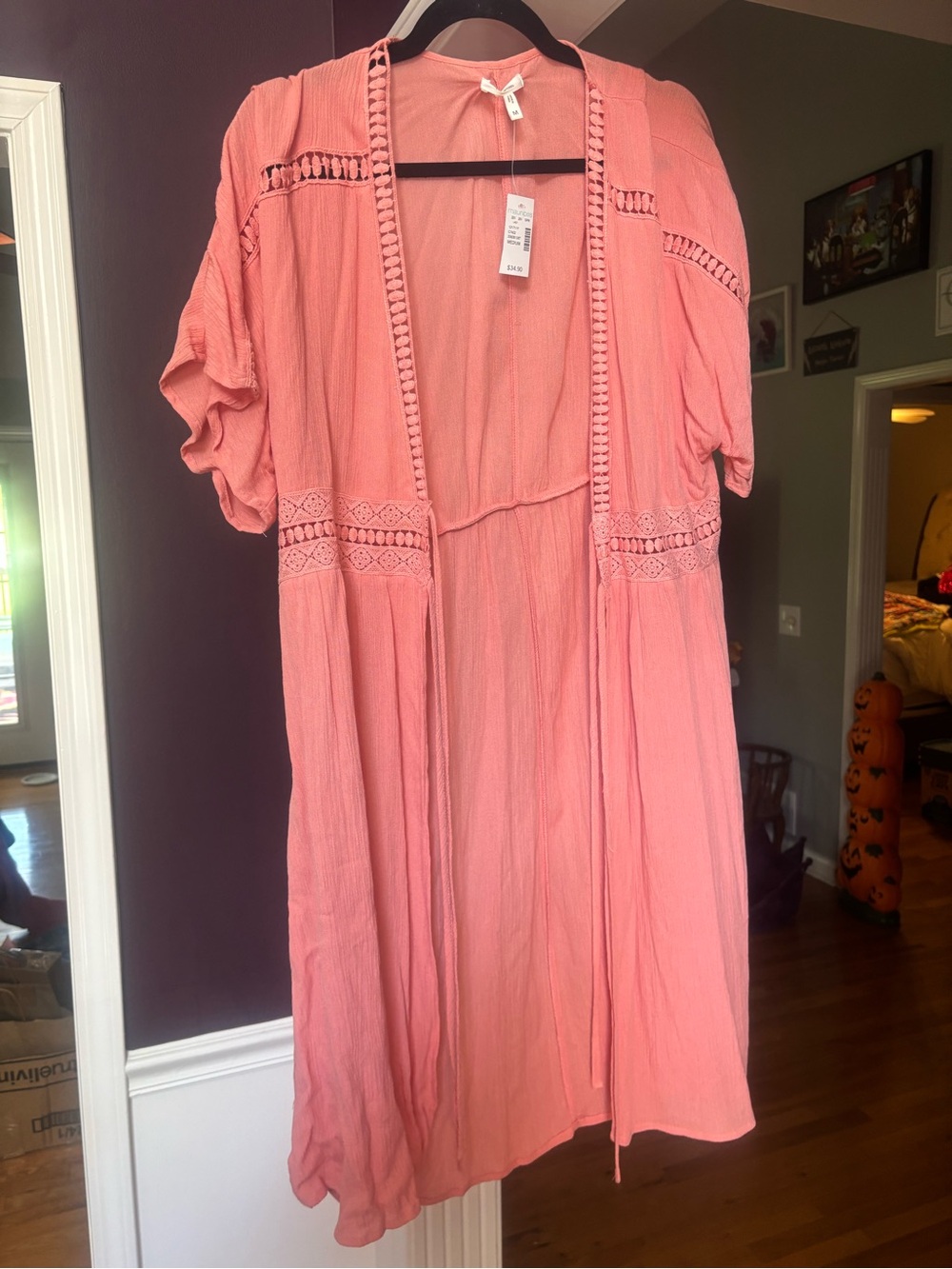 Women's Coral Pink Open-Front Lace Trim kimono